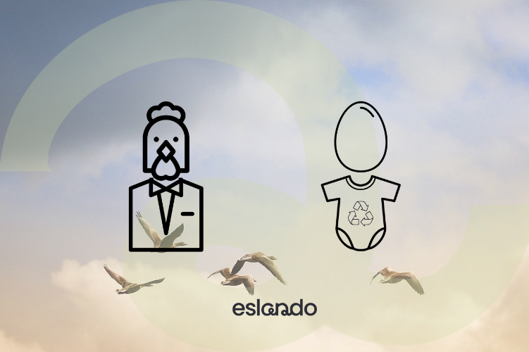 Flying birds with superimposed textile recycling symbol in chicken and egg and Eslando logo, representing the dilemma of textile recycling industry