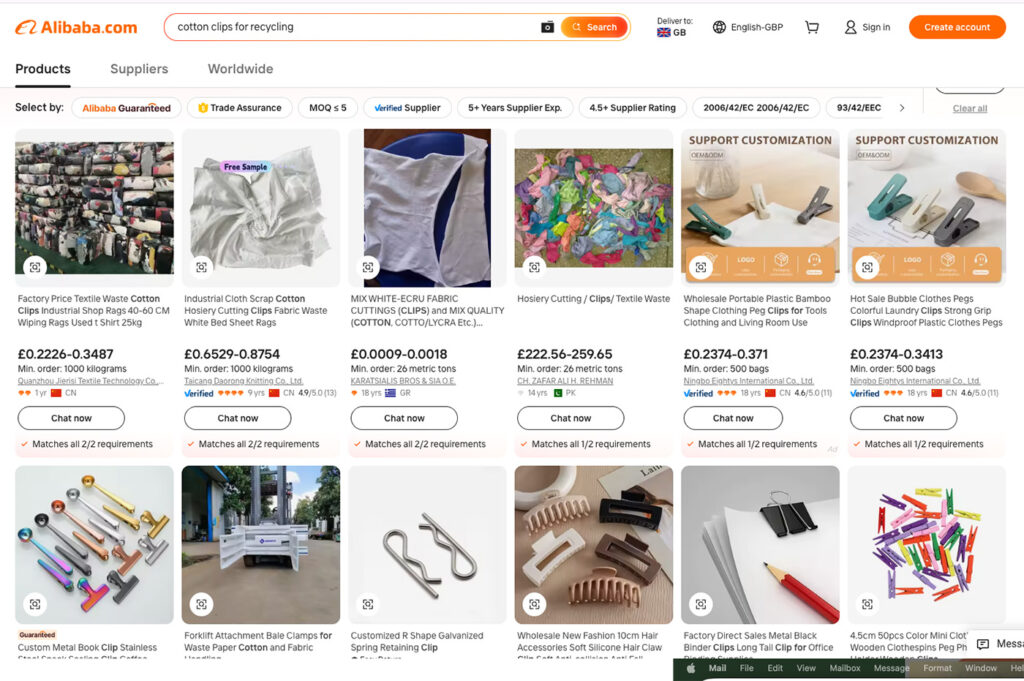 Alibaba search results for cotton clips showing unrelated products in a general B2B marketplace