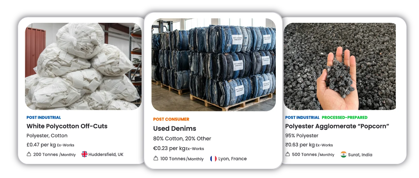 Example of textile waste listings on the Eslando marketplace showing different fibre compositions, grades and materials