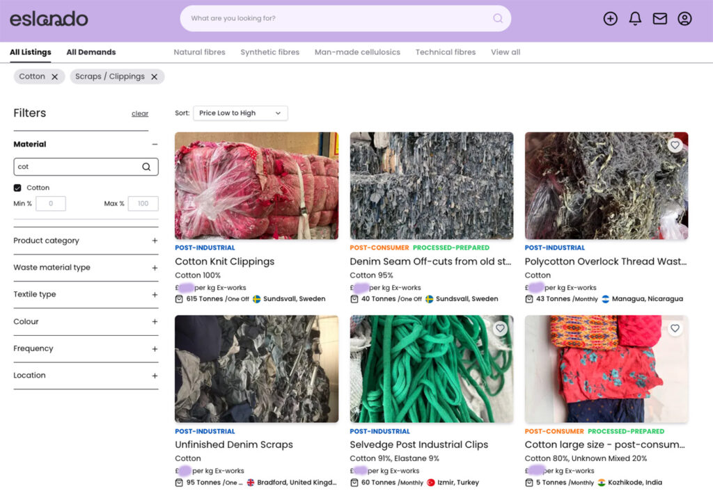 Eslando textile waste marketplace search results for cotton clips